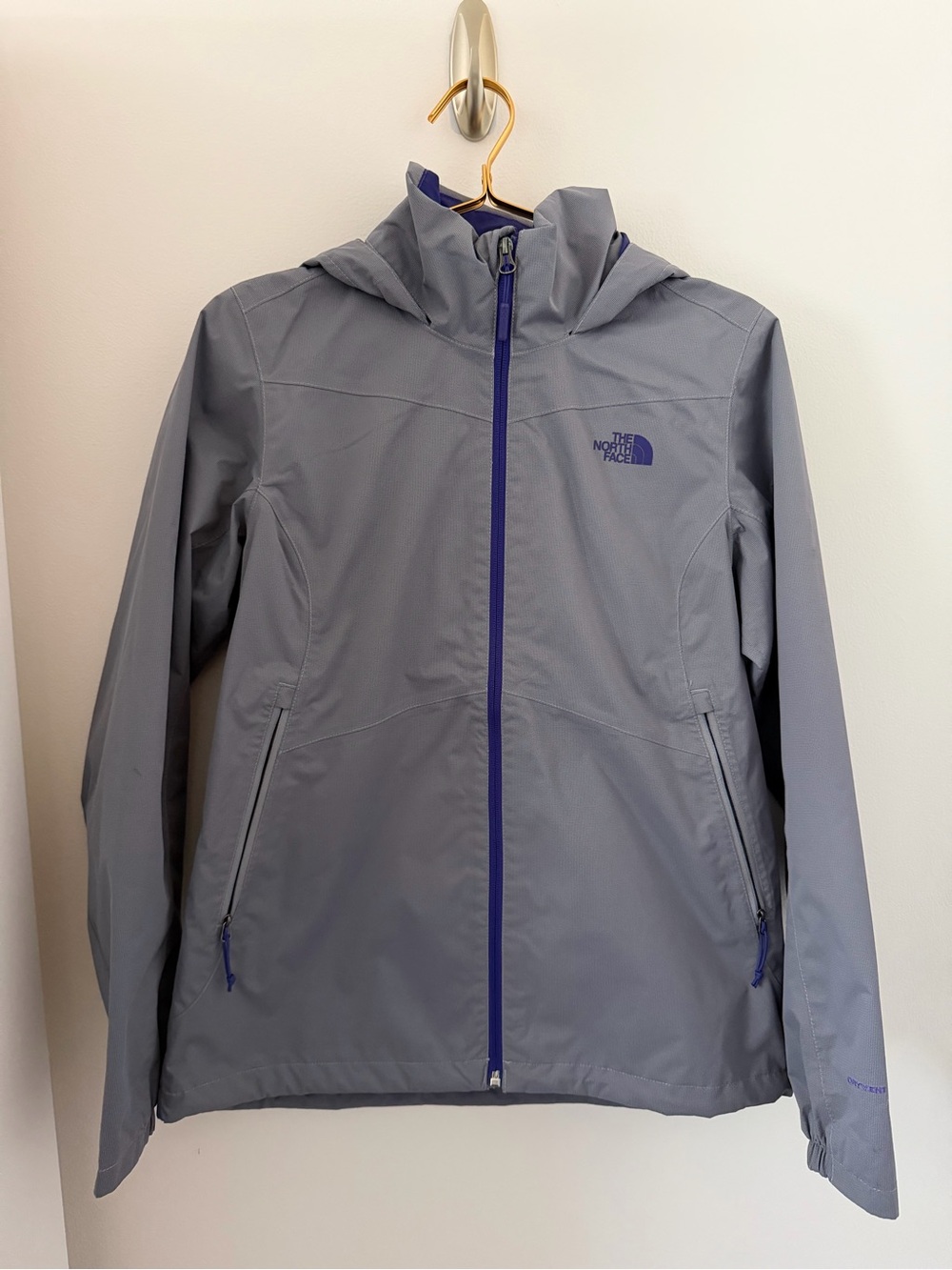 The North Face Women's Hooded Raincoat - Gray with Blue/Purple Zipper